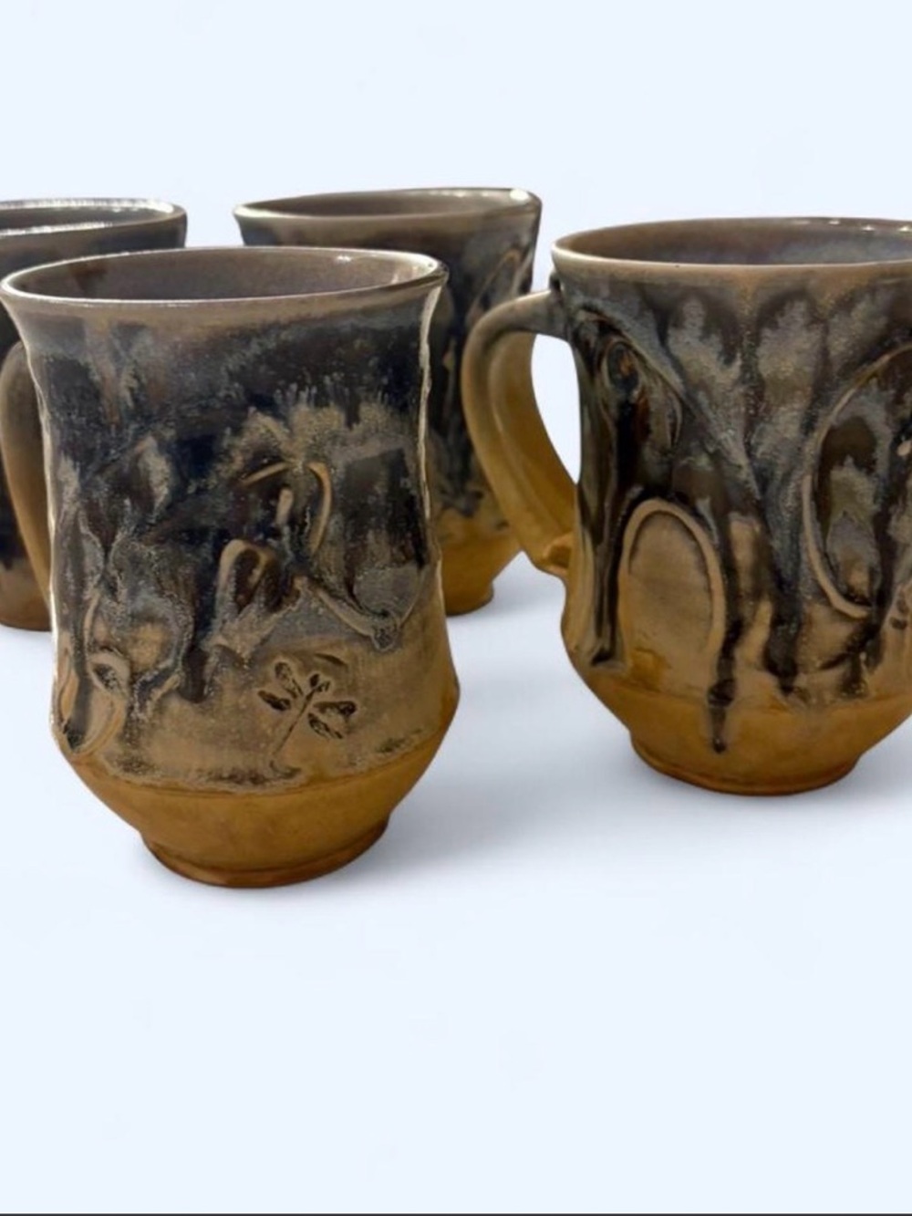 Handmade Pottery Mugs - Set of 4| Artist Signed. Navy Blue and Brown Glaze.